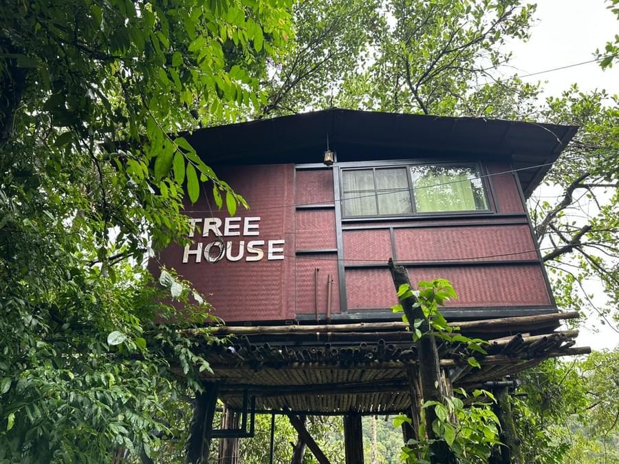 Elevated treehouse with red-brown facade nestled in dense tropical forest canopy at Holistic Eco-Resort, Kannur.