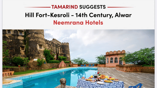 An article published for Neemrana’s Hill Fort Kesroli in Alwar featuring swimming pool, outdoor seating, scenic views, and resort details.
