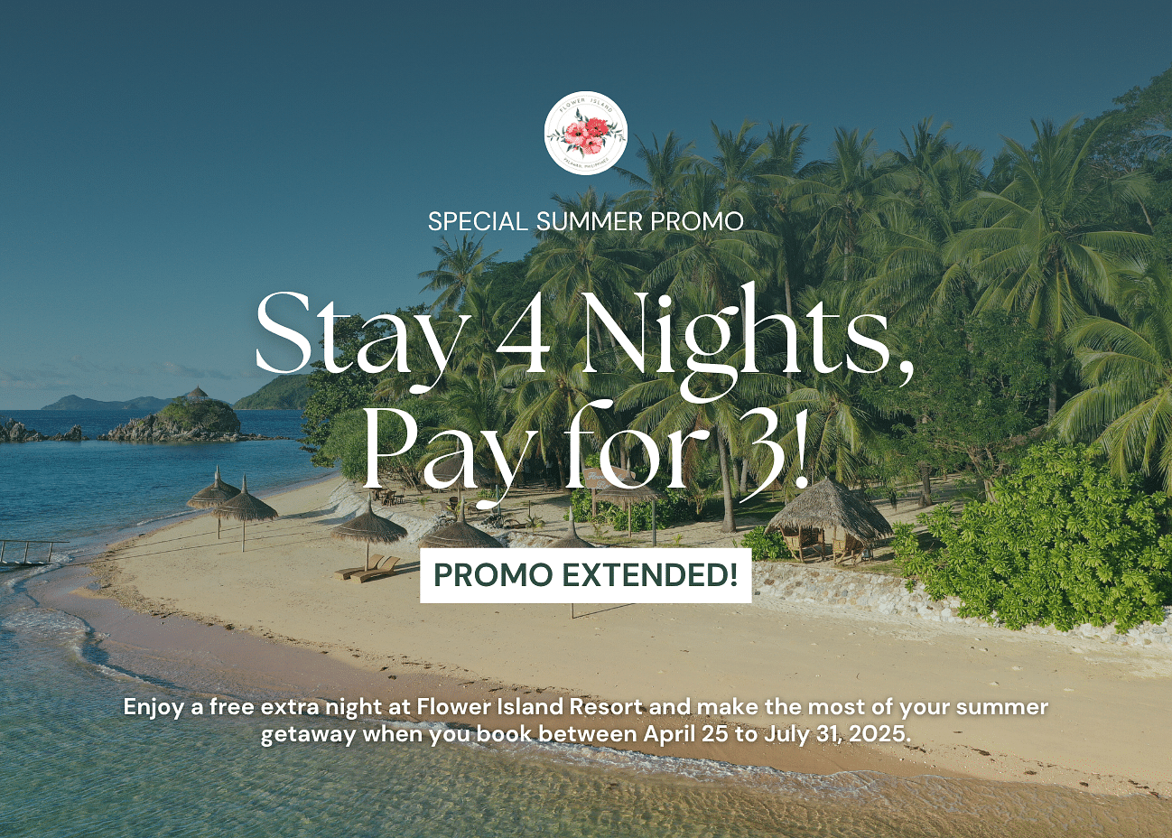 Promotional poster for a Stay 4 Nights offer set against a tropical island background, featuring palm trees, ocean views, and offer details highlighting the extended stay promotion.
