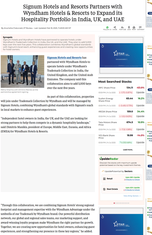 The Economic Times article: Signum Hotels and Resorts partners with Wyndham to expand its portfolio in India, UK and UAE