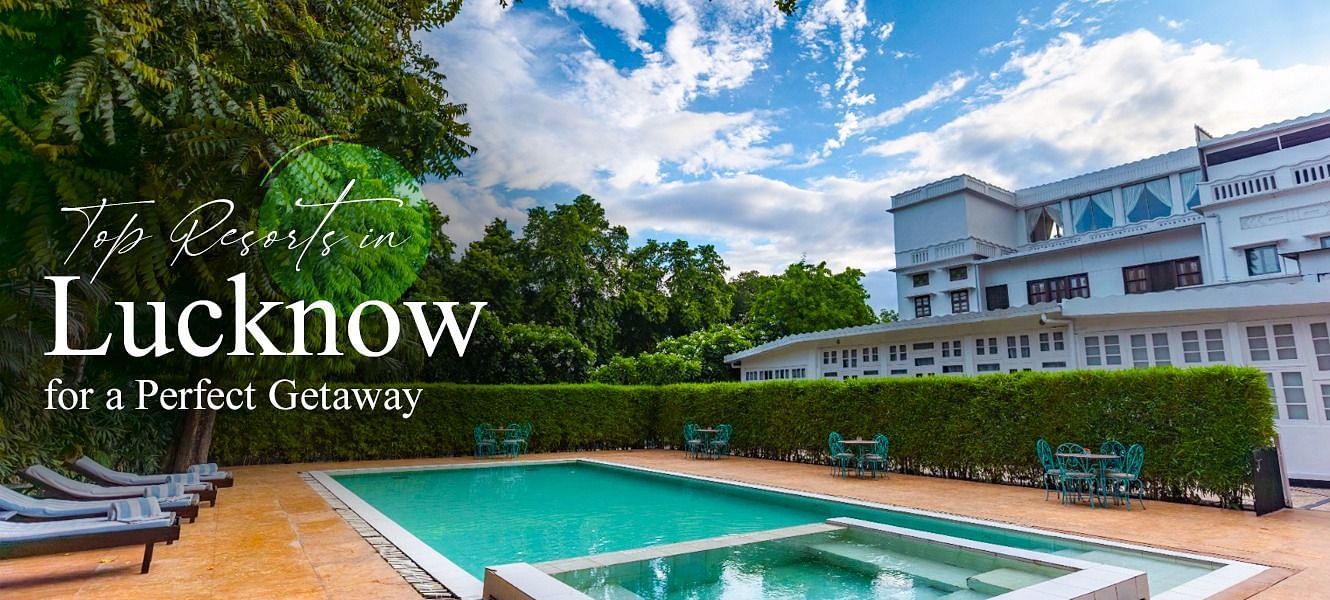 Top Resorts in Lucknow for a Perfect Getaway showcasing a serene poolside setting with classic white resort architecture in the background.