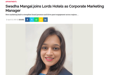 A close-up professional photo of Swadha Mangal, Corporate Marketing Manager at Lords Hotels. She is smiling.