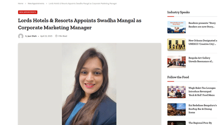 A professional head shot of Swadha Mangal, the new Corporate Marketing Manager for Lords Hotels & Resorts, published in an article.