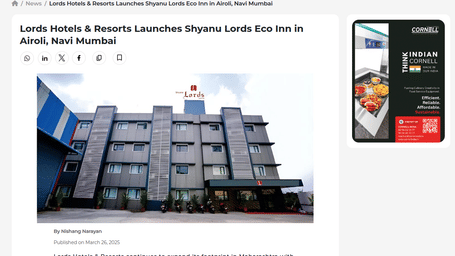 The modern, four-story exterior of the Shyanu Lords Eco Inn in Airoli, Navi Mumbai, with a prominent hotel sign on the roof.