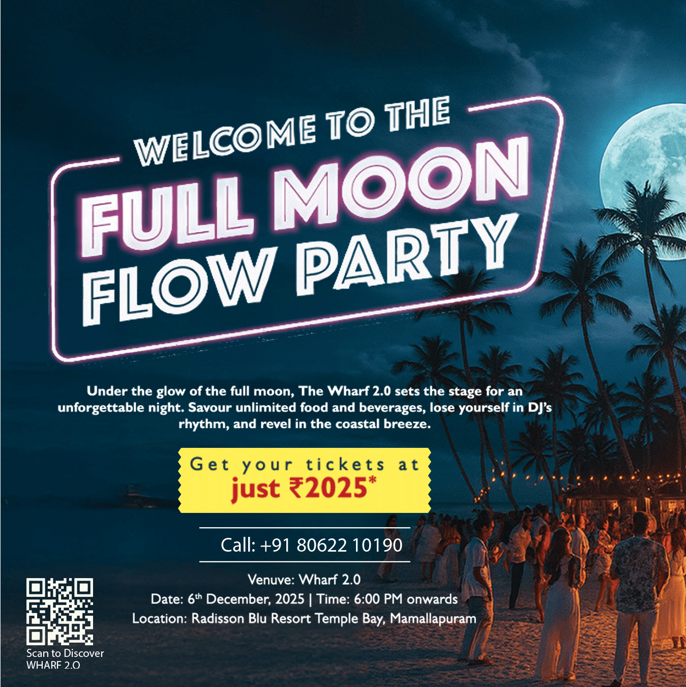 A Full Moon Flow Party poster showing a beachside bonfire, palm trees and guests celebrating under a bright moon at Radisson Blu Resort Temple Bay.