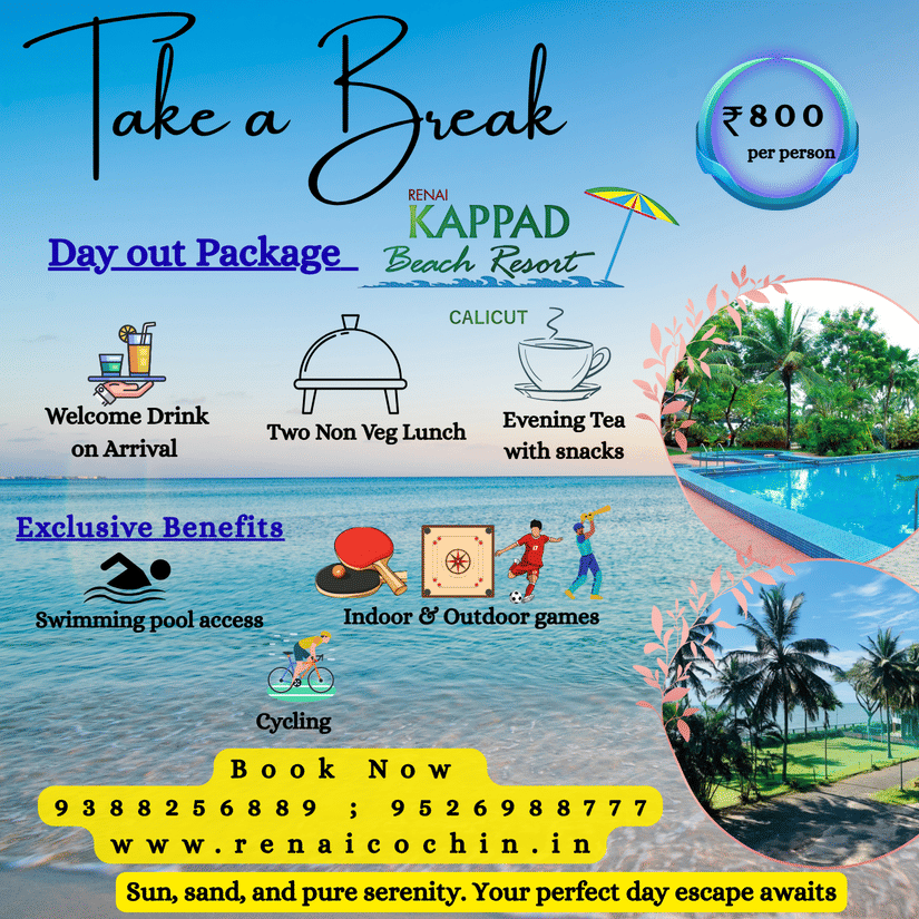 Promotional banner for Kappad Beach Resort's Day Out Package showcasing beach, pool, and dining activities.