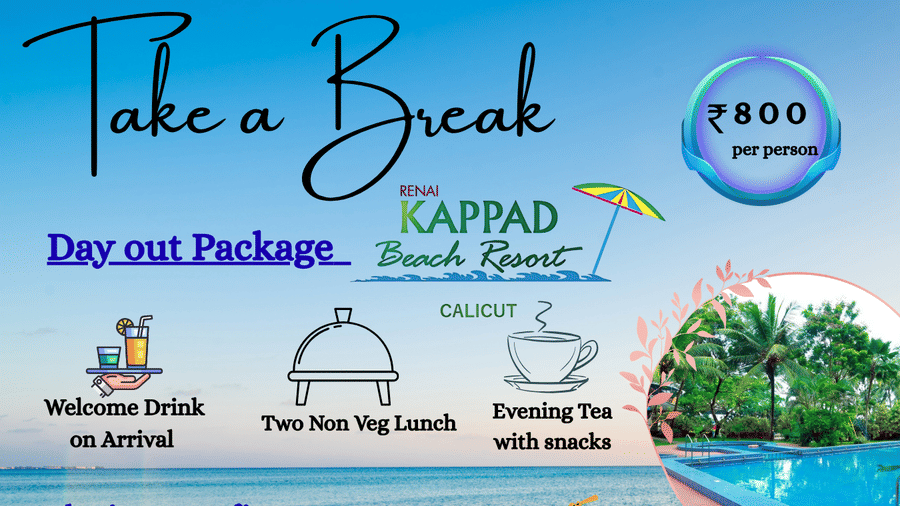 Promotional banner for Kappad Beach Resort's Day Out Package showcasing beach, pool, and dining activities.