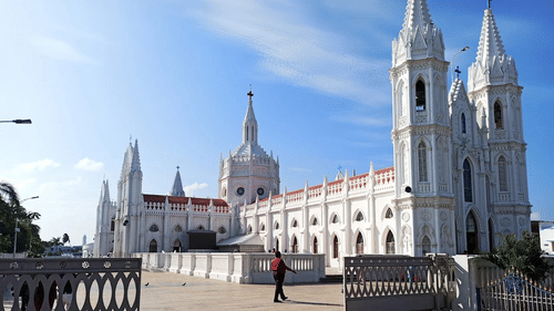 Vailankanni Shrine Museum which showcases a catholic style building with tall structures at the entrance and exit.