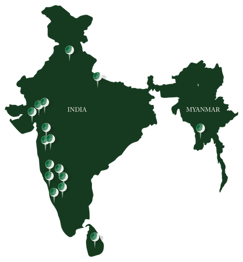 A map of the indian subcontinent showing the many golf course with a pin.