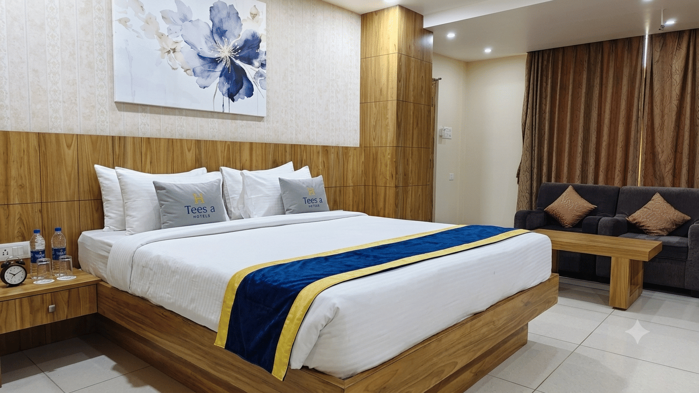 Premium Room at Teesta Stays, Rampurhat featuring a double bed with pillows, side table with water bottles and alarm clock, artwork on the wall, a sofa set with coffee table, and window curtains.