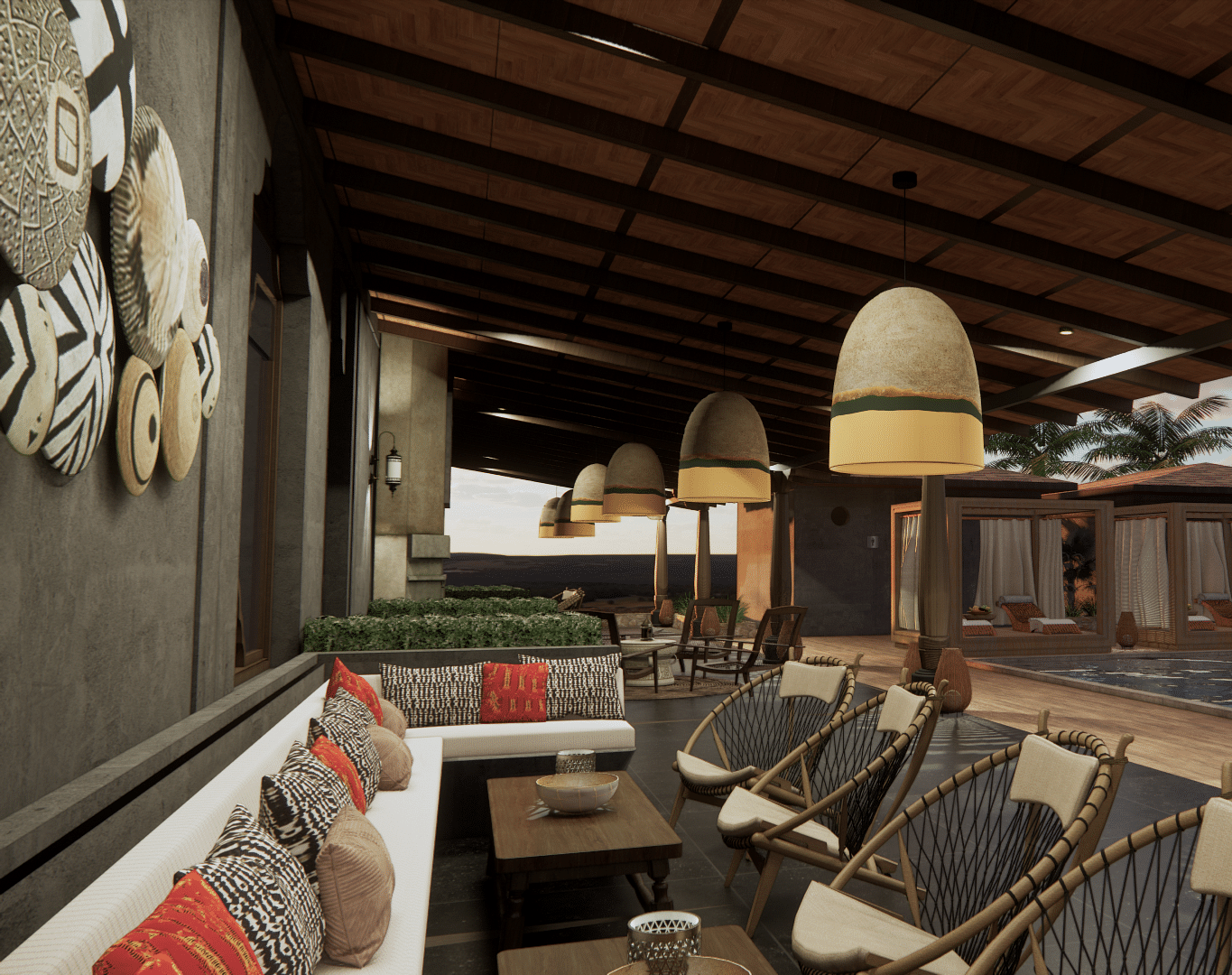 An outdoor lounge with seating, hanging lights, and a view of a pool and cabanas - Rhino and River BluSalzz Collection, Pobitora
