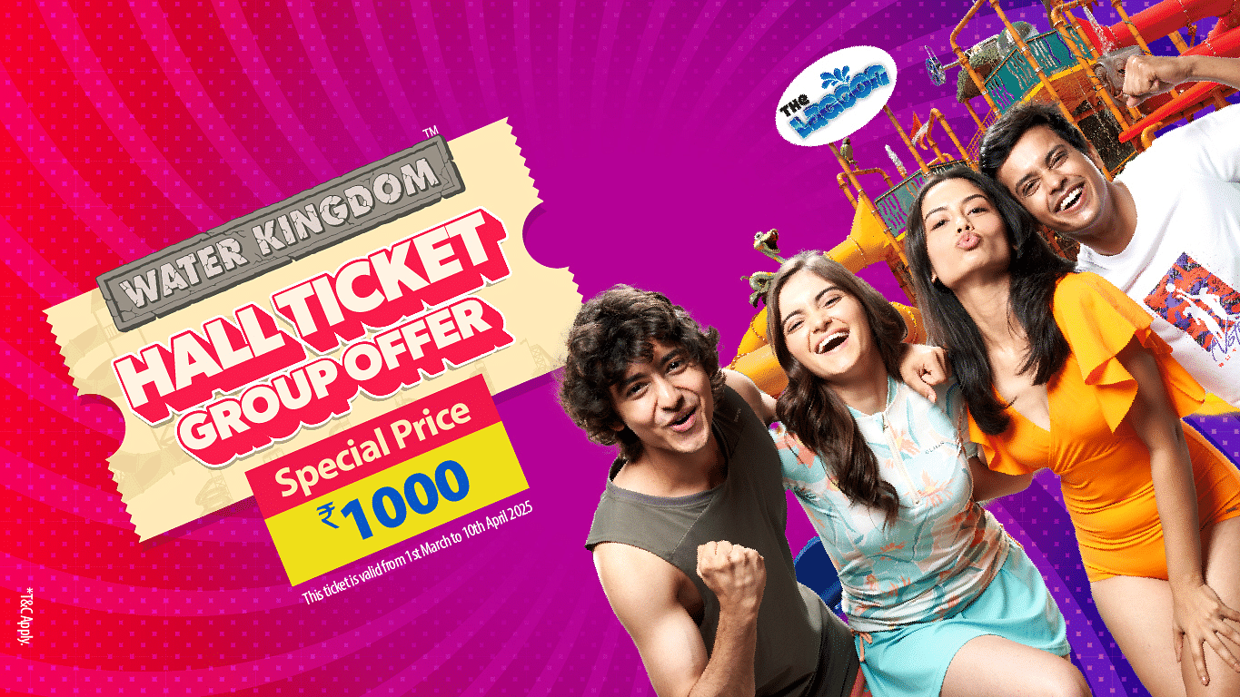 Group hall ticket offer creative featuring a group of friends posing and a dry ride in the background.