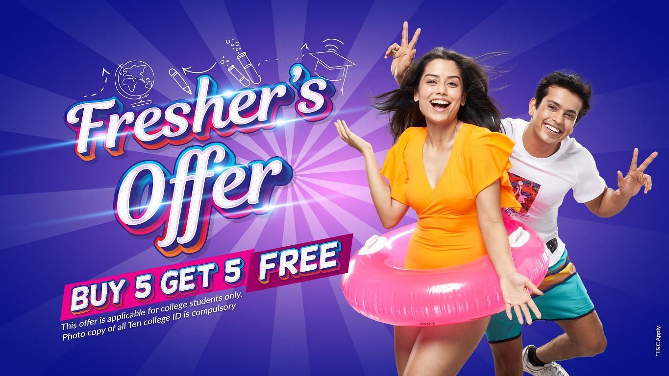 Cheerful young man and woman enjoying at Water Kingdom, promoting Fresher’s Offer – Buy 5 Get 5 Free.