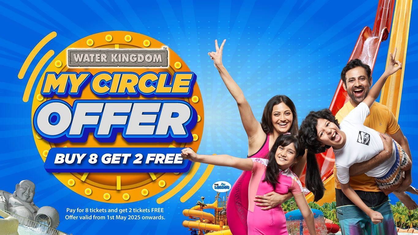 Happy group enjoying a water park with a promotional offer banner in the background