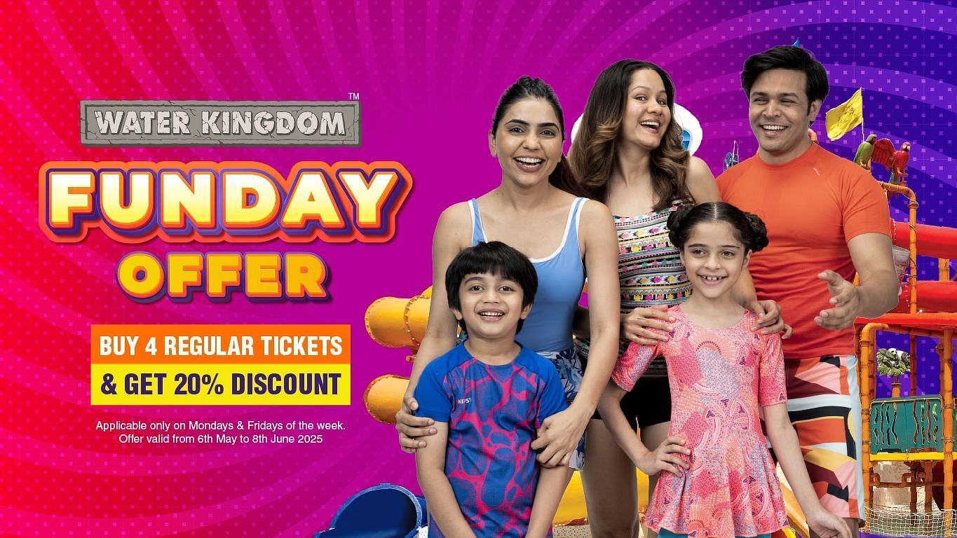 A vibrant advertisement for a Funday Offer at Water Kingdom. It features a family of five including two children looking excited. Text reads BUY 4 REGULAR TICKETS GET 20 DISCOUNT applicable only on Mondays Fridays from May 6th to June 8th 2025.