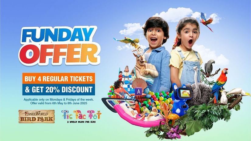 Funday Offer! Get 20% off when you buy 4 regular tickets for EsselWorld Bird Park & Tic Tac Toe (valid Mondays & Fridays, May 6 - June 6, 2025). Join two thrilled kids amidst cartoon fun!
