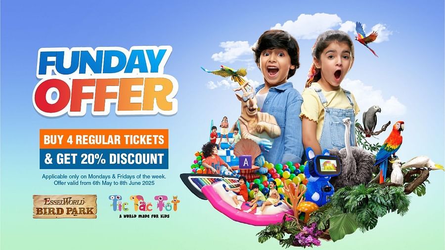 Funday Offer! Get 20% off when you buy 4 regular tickets for EsselWorld Bird Park & Tic Tac Toe (valid Mondays & Fridays, May 6 - June 6, 2025). Join two thrilled kids amidst cartoon fun!