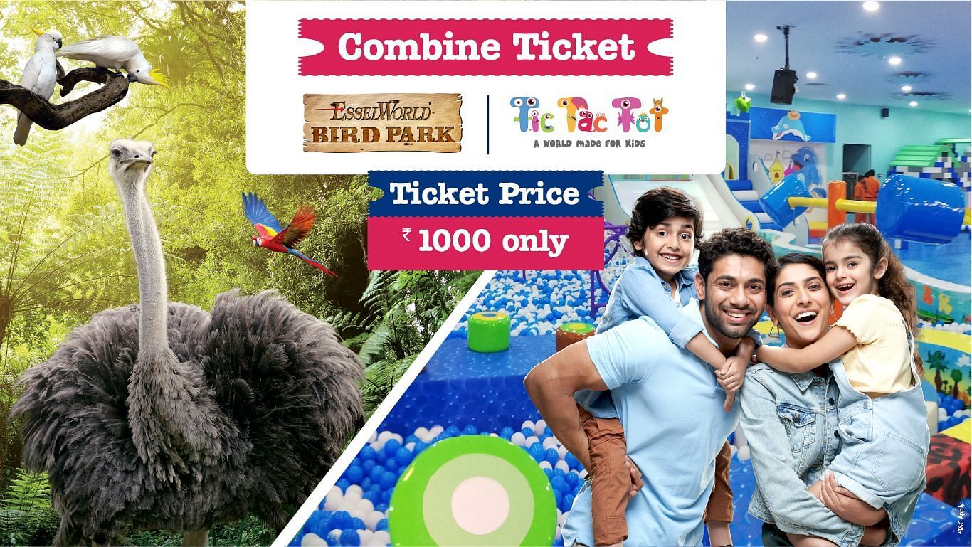 Family posing with ostriches at a theme park; promotion for a combined ticket to two attractions with a discounted price.