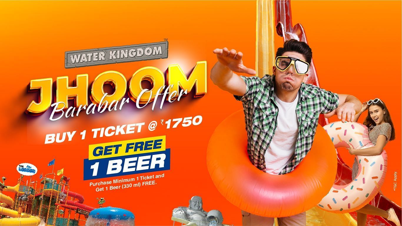 A man and woman enjoying a water park ride with tubes; promotional banner for Water Kingdom’s Jhoom barabar Offer: Buy 1 ticket at ?1750 and get 1 free beer.