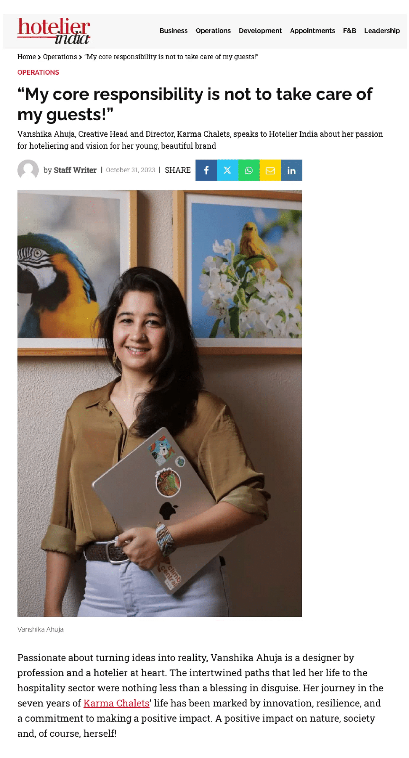 Screenshot of an article featuring Vanshika Ahuja holding a laptop, with the headline mentioning Karma Chalets and her role as Creative Head and Director.