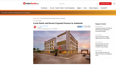 A PR post by Indian Retailer, stating Lords Hotels & Resorts announces hotel signing in Joshimath, Uttarakhand