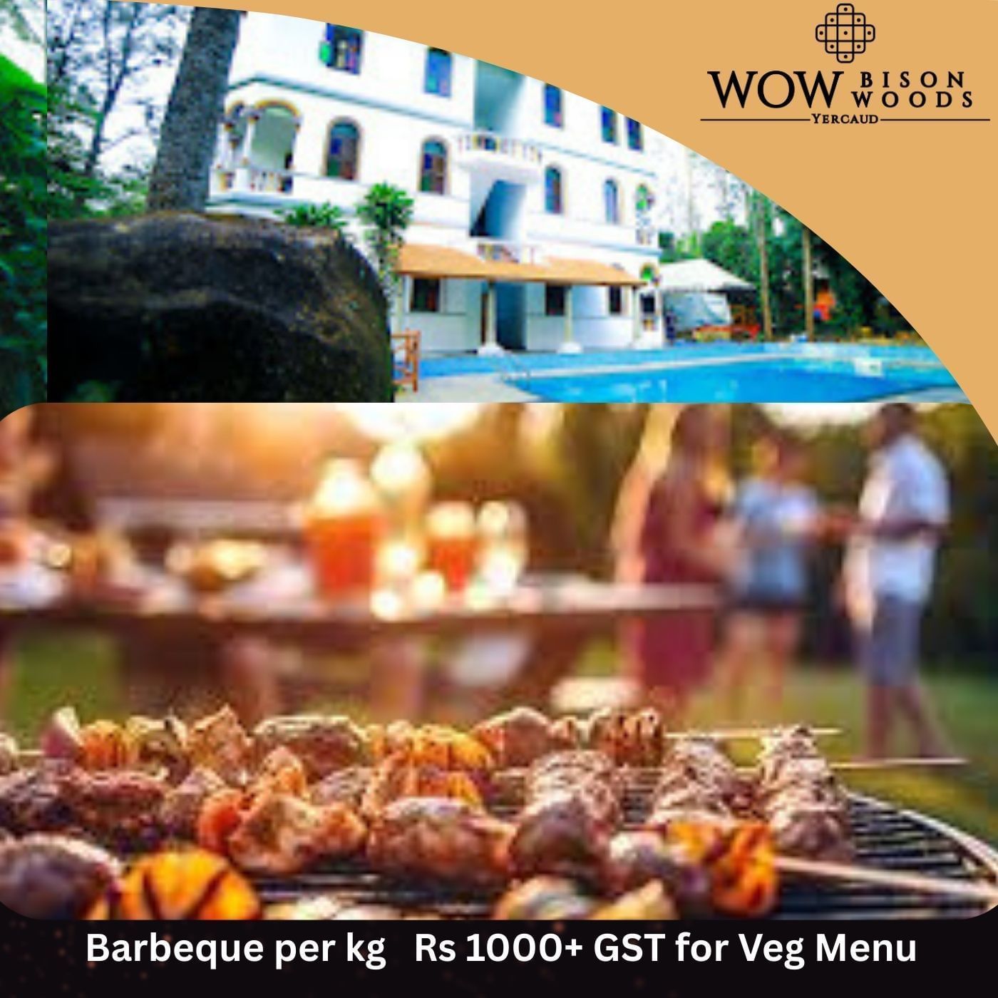 This WOW Bungalows Barbeque Addon shows juicy skewers of food grilling directly over hot coals, promising a delicious outdoor meal.