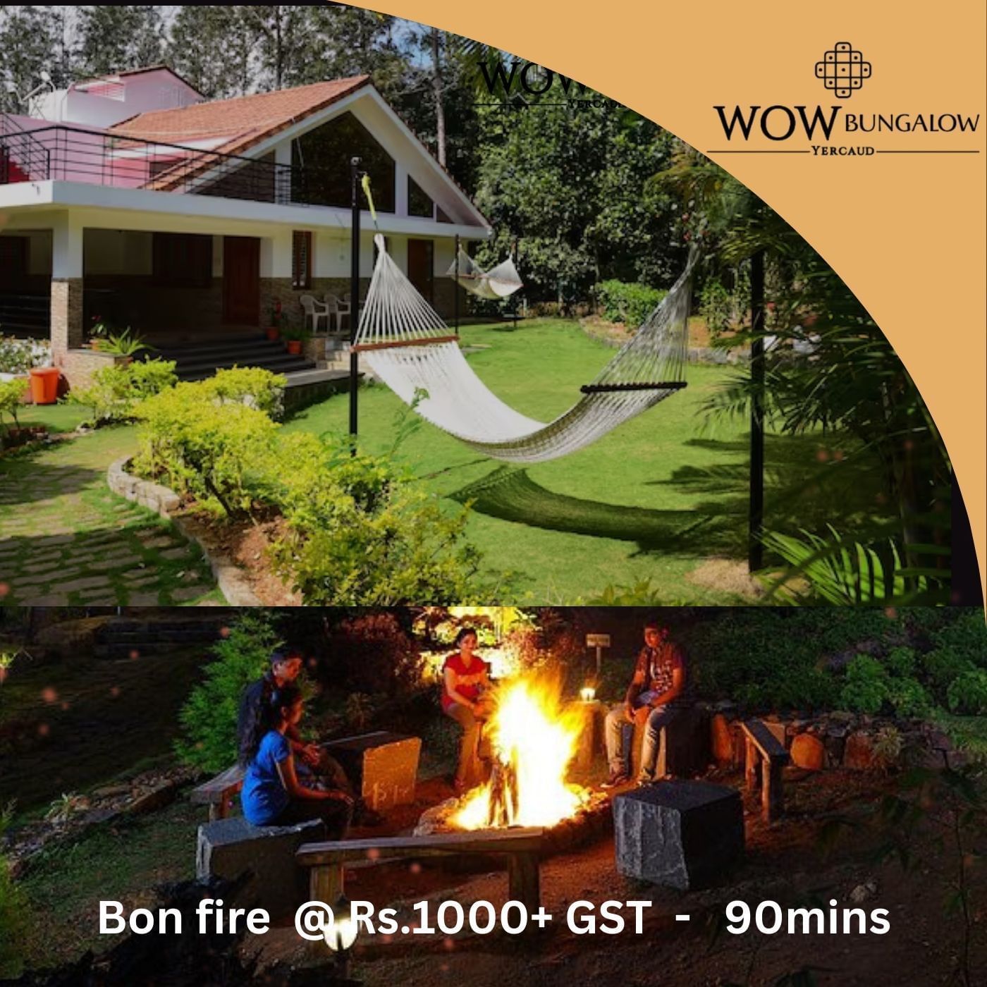This WOW Bungalow Private Bonfire Addon offers a glowing fire pit. The warm ambience provides a perfect setting for evening 