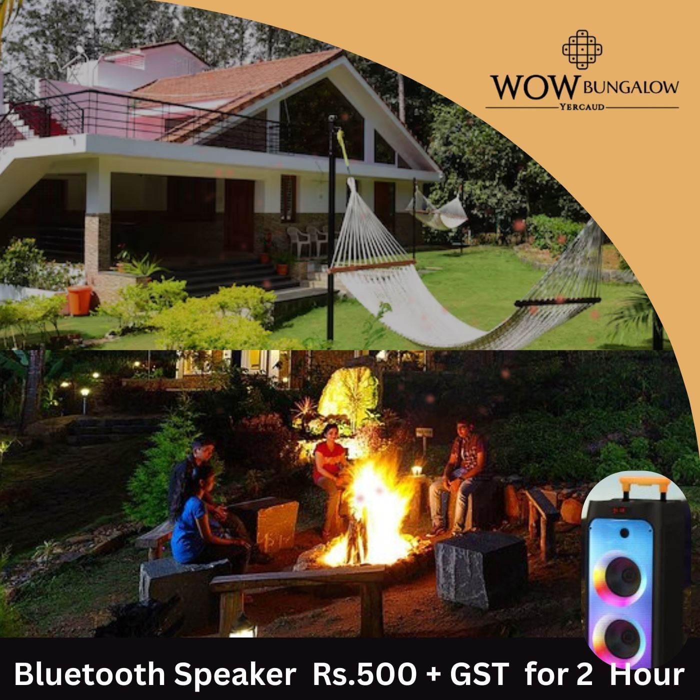 The WOW Bungalows Speaker Addon features a garden lit by a warm bonfire at night. A Bluetooth speaker provides the musical backdrop.