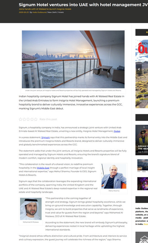 India Outbound article: Signum Hotel ventures into UAE with a hotel management joint venture