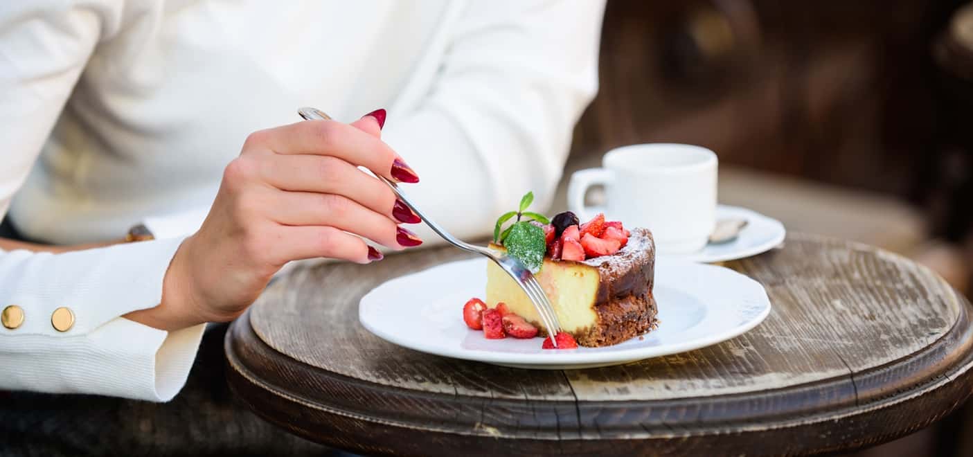 A plated cheesecake dessert