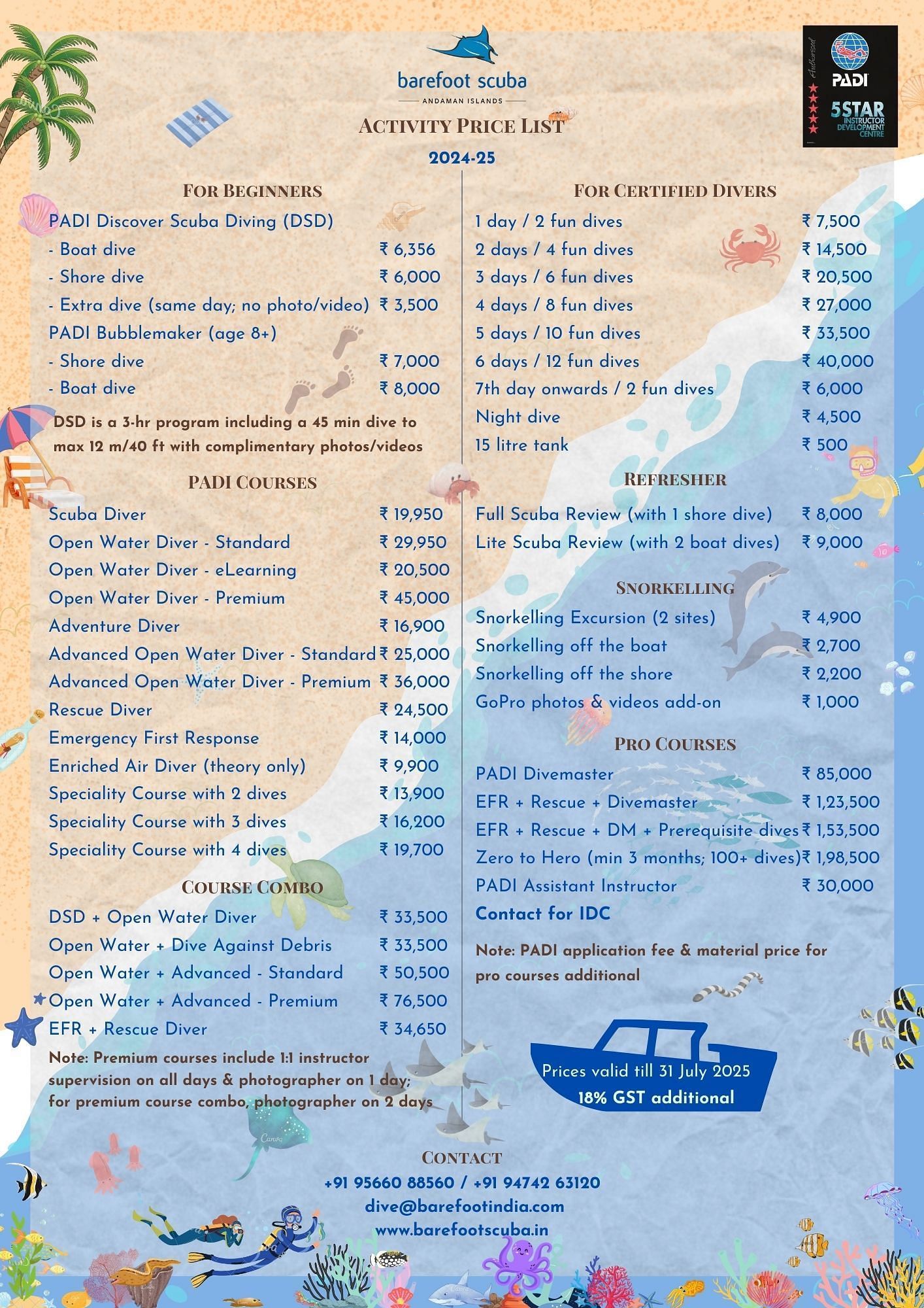 An image creatively showcasing the highlighted activities and prices at Barefoot Scuba Resort.