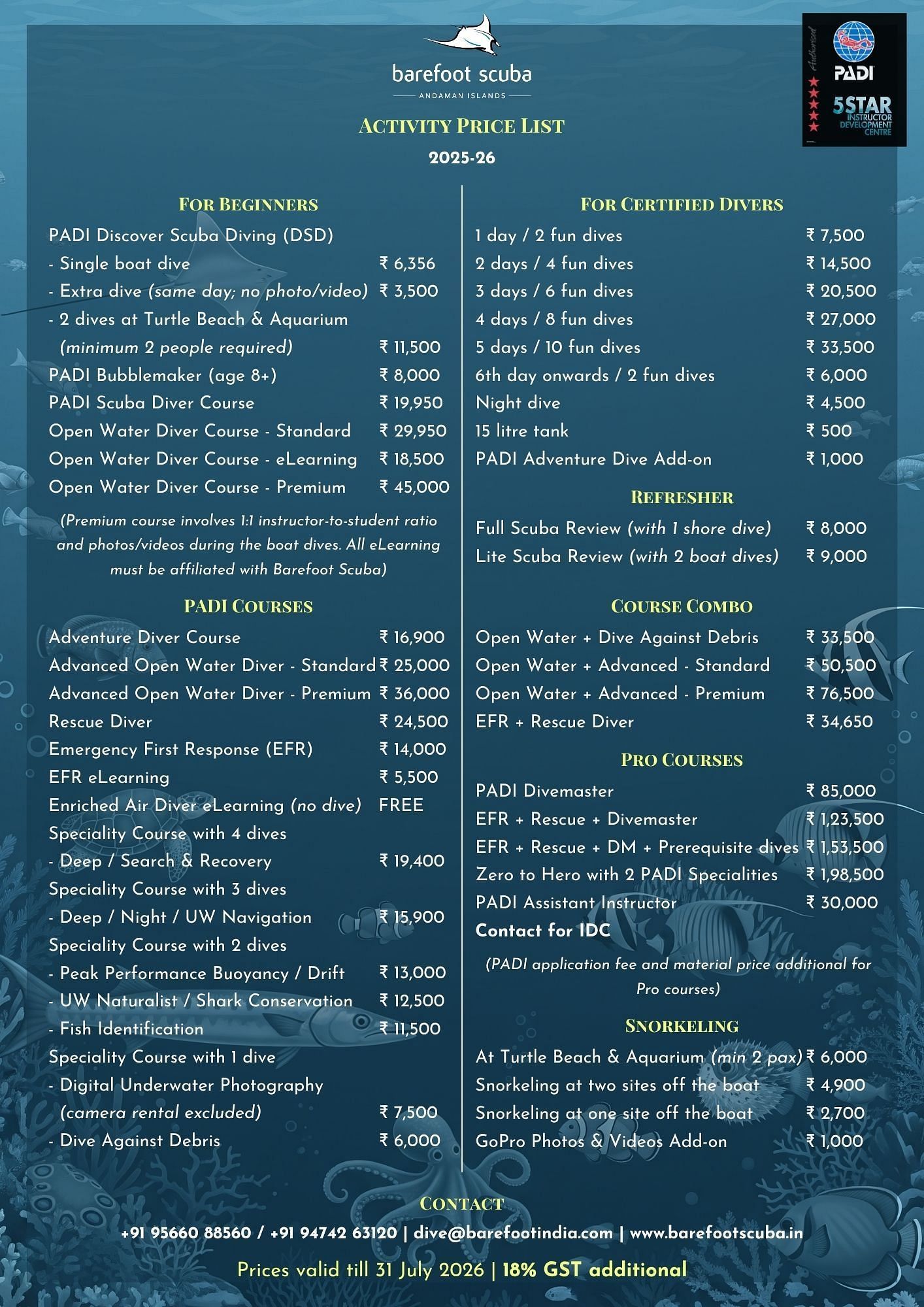 Barefoot Scuba’s 2025–26 price list for diving courses, fun dives, snorkelling, and pro training in the Andaman Islands.