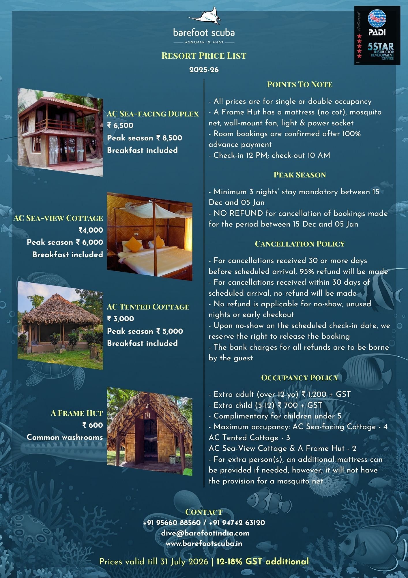 Barefoot Scuba’s 2025–26 resort price list featuring cottages, huts, peak season policies, occupancy rules, and cancellation terms.