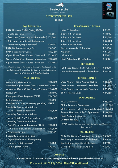 Barefoot Scuba’s 2025–26 price list for diving courses, fun dives, snorkelling, and pro training in the Andaman Islands.