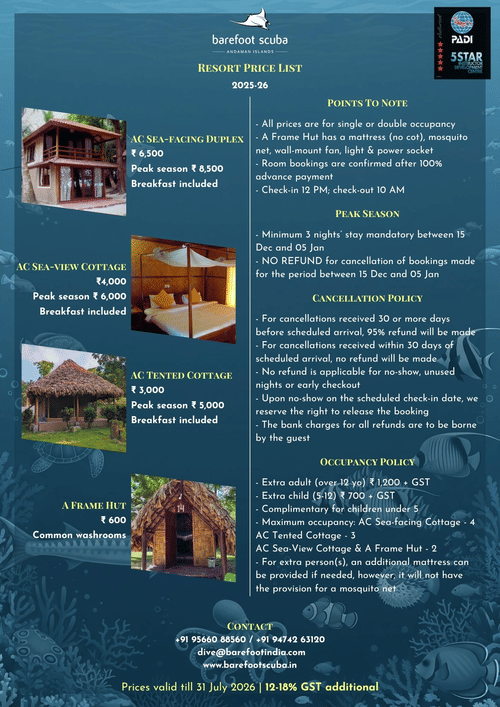 Barefoot Scuba’s 2025–26 resort price list featuring cottages, huts, peak season policies, occupancy rules, and cancellation terms.