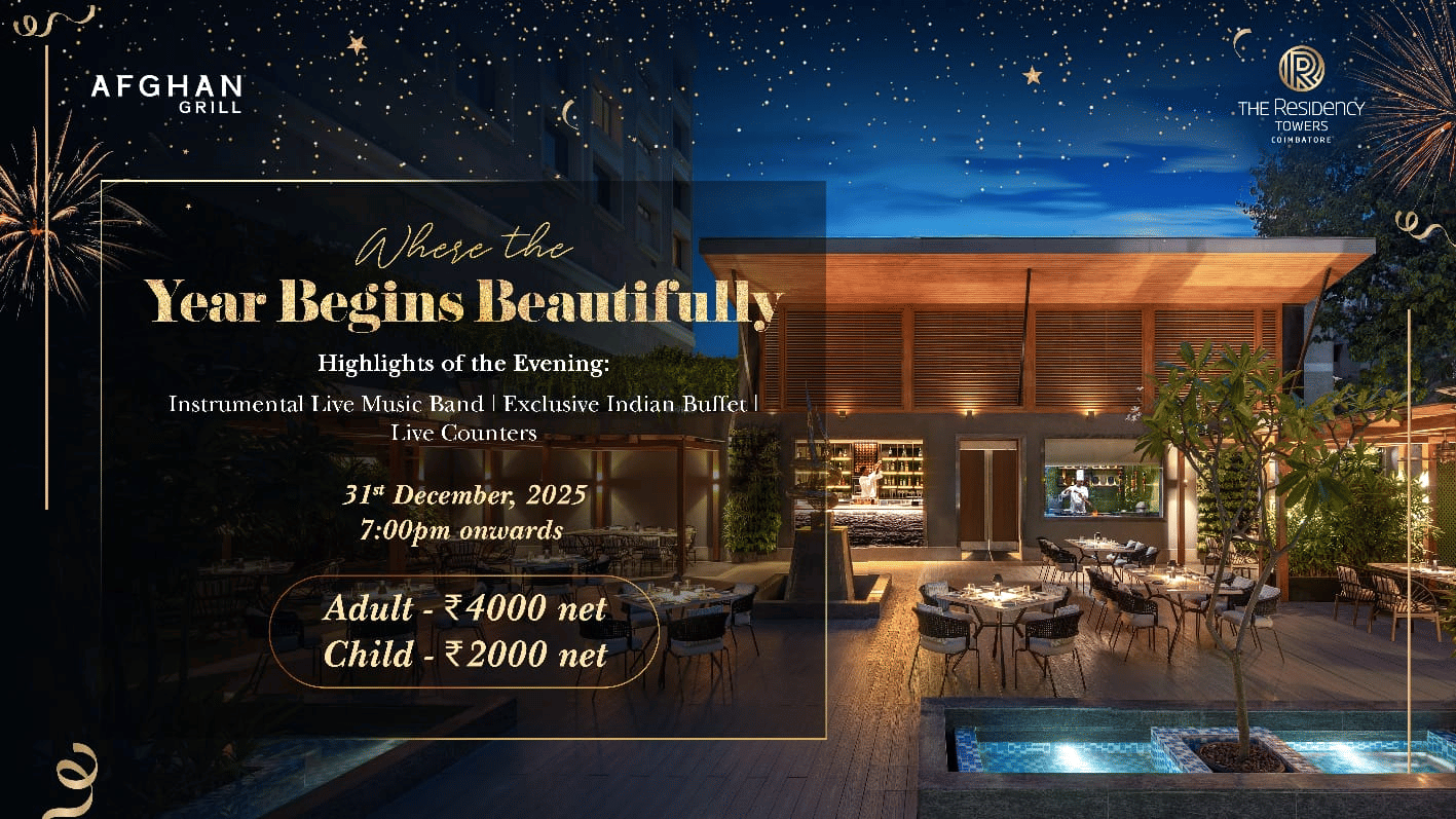 Creative of Newyear Package 2026 featuring a celebration at the Afghan Grill in The Residency Towers Coimbatore which will take place on 31st December 2025 from 7 PM onwards.