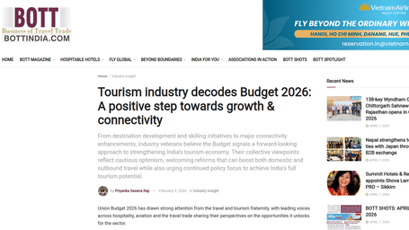 An article by Business of Travel Trade showcasing Tourism industry decodes Budget 2026: A positive step towards growth & connectivity.