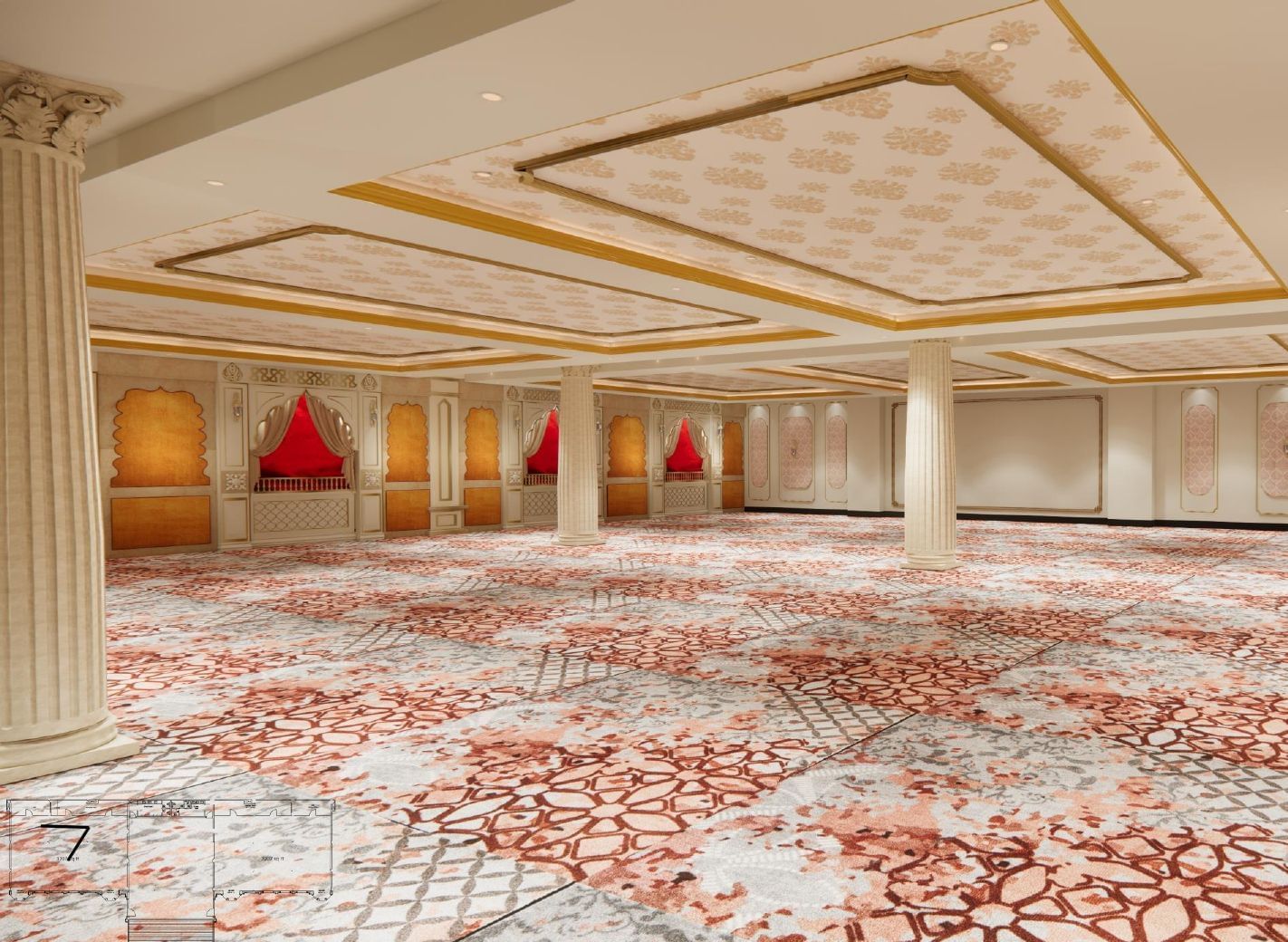 Banquet hall showcasing ceiling flower motifs, large supporting pillars, ambient glow, and walls inspired by Indian window designs