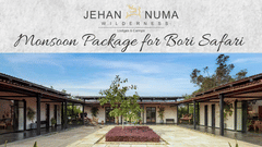 Promotional flyer for Jehan Numa Retreat monsoon package featuring courtyard photo, cosy bedroom, swimming pool, dining area, and text details of offer and amenities.