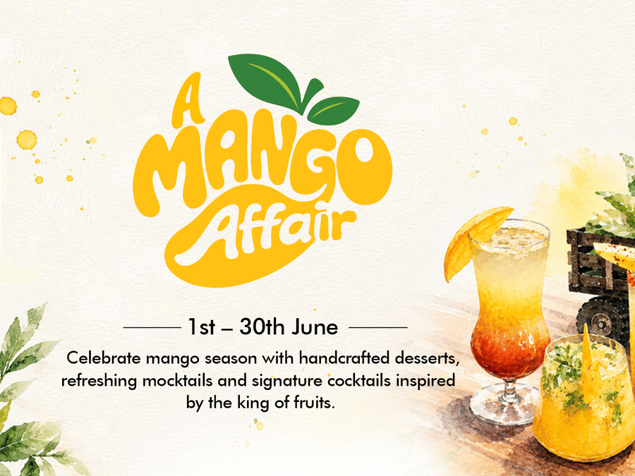 A promotional poster named 'A Mango Affair' showcasing refreshing mango beverages and seasonal mango-inspired culinary delights at Karma Lakelands.