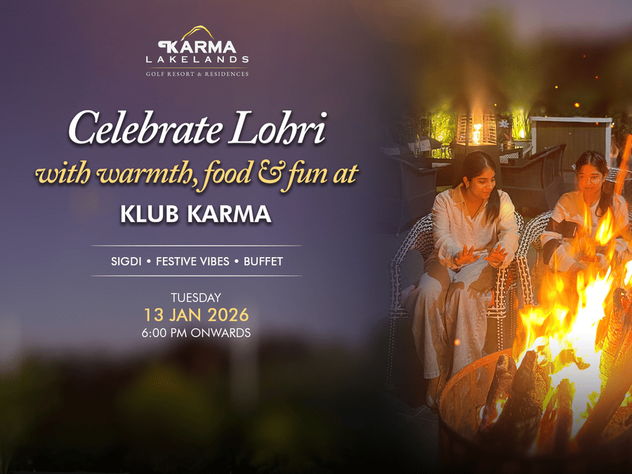 Alright — **creative image, but still correct alt text** (clear + accessible, not over-designed):  **Alt text:** Creative banner showing a Lohri celebration at Karma Lakelands with people around a bonfire, festive lights, traditional outfits and event text