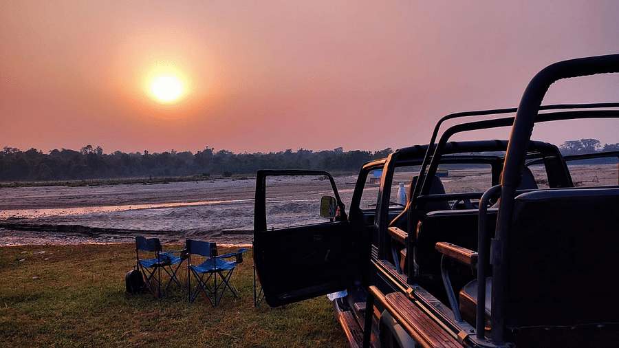 A beautiful image of a sunset observed by the side of a jeep - Aalia Jungle Resort & Spa