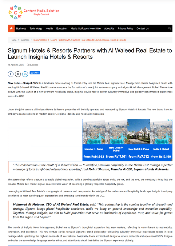 Content Media Solution article: Signum Hotels & Resorts partners with Al Waleed Real Estate to launch Insignia Hotels & Resorts