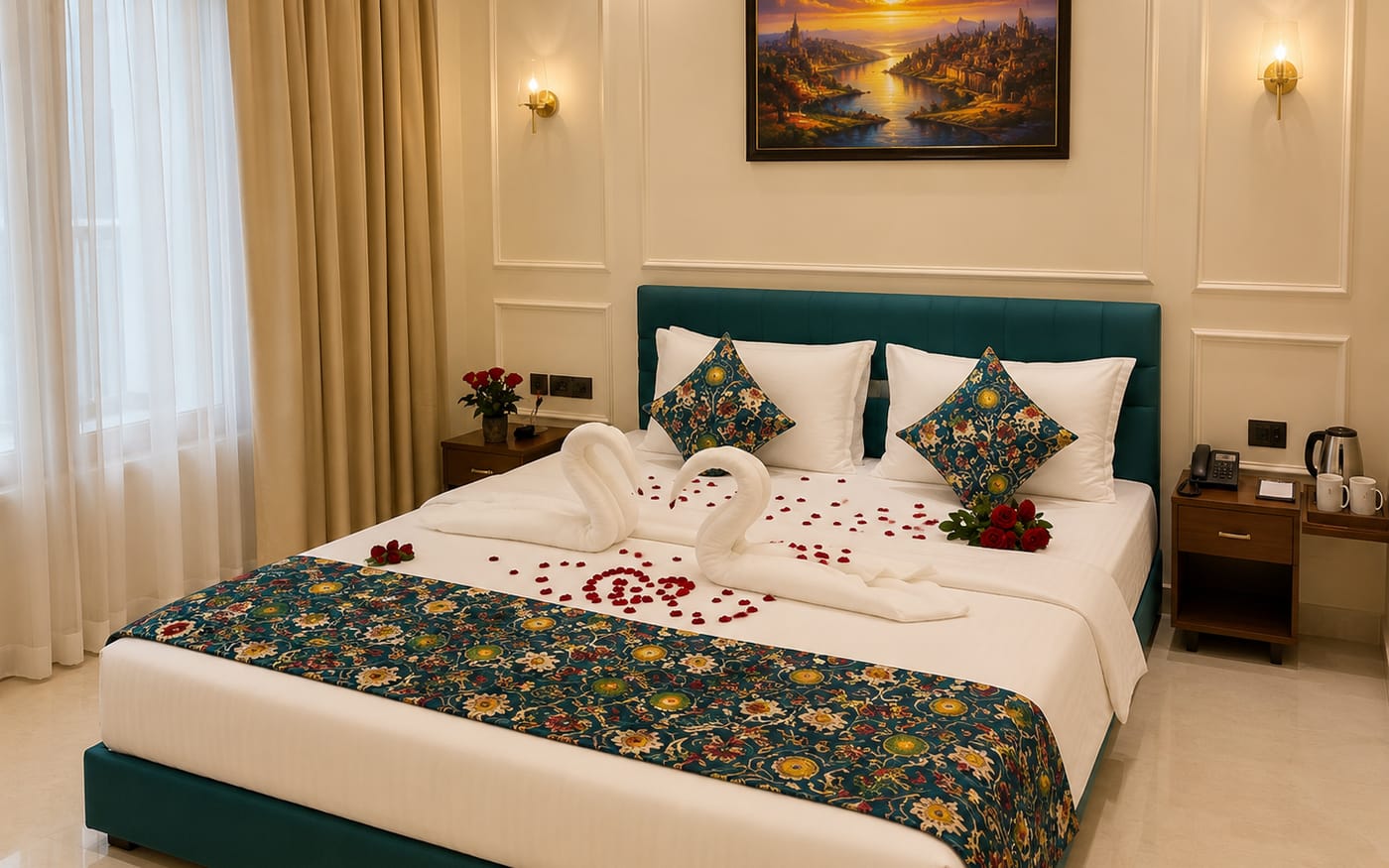 The bed in a deluxe room at Signum Resort, Bandhavgarh