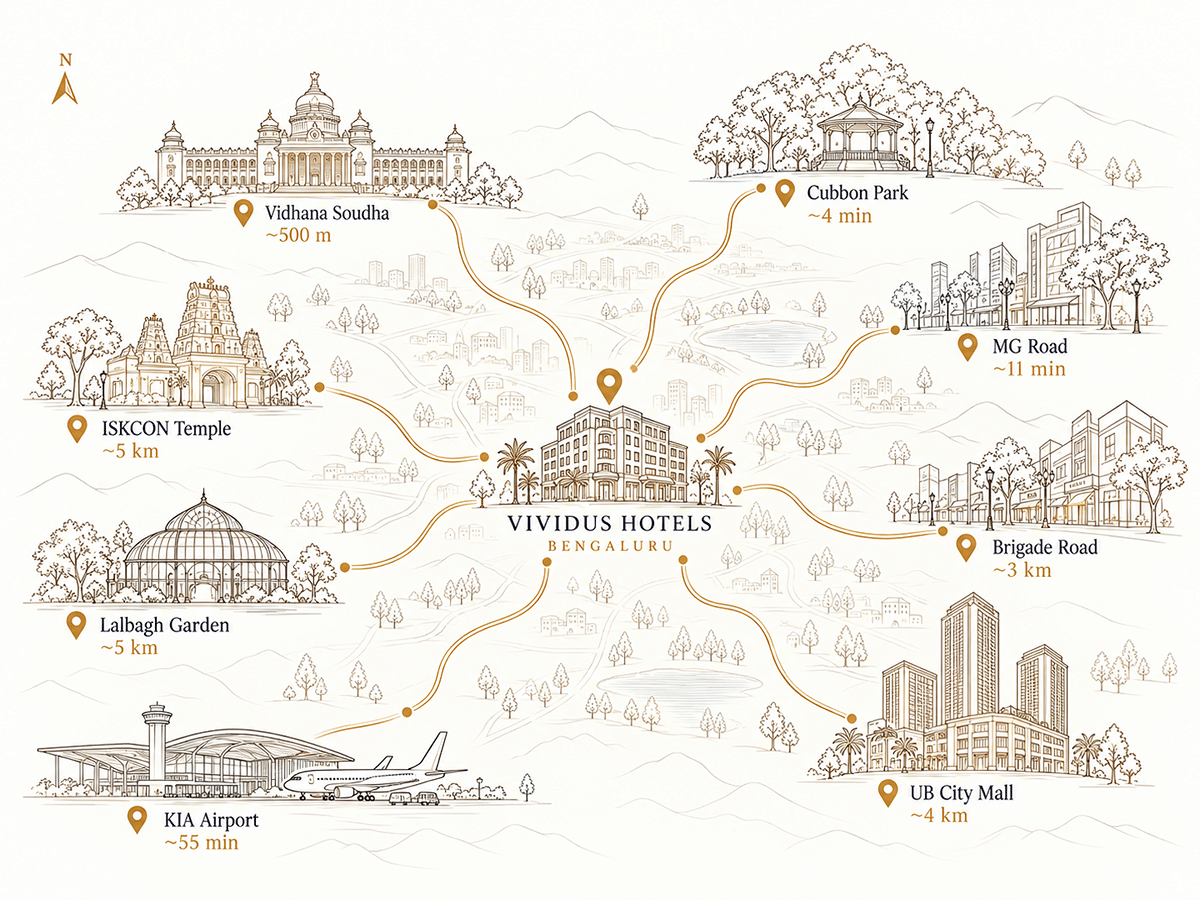 Illustrated map of VIVIDUS Hotel – Race Course, with routes to Vidhana Soudha, Cubbon Park, MG Road, Brigade Road, UB City Mall, ISKCON Temple, Lalbagh Garden, and Kempegowda International Airport
