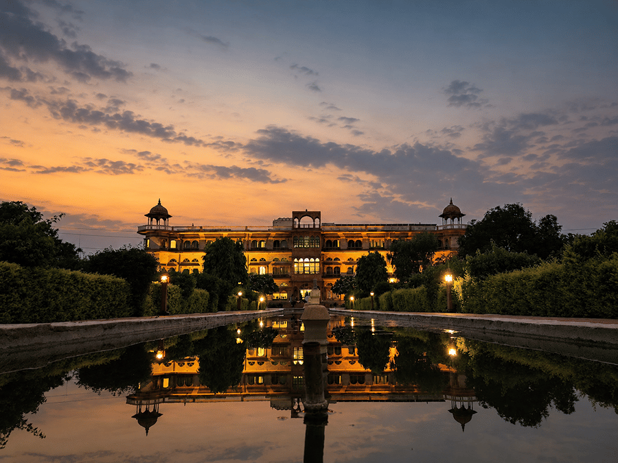 Facade-Palace reflections in blue-hour sunset-Umaid Palace Dausa-Heritage Resort Near Jaipur