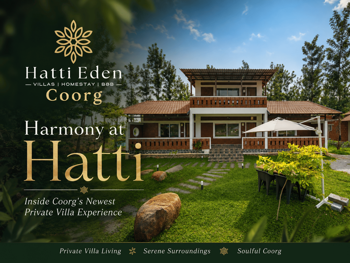 Villa exterior with a garden and umbrellas, promoting private villa living at Hatti Eden, Coorg.