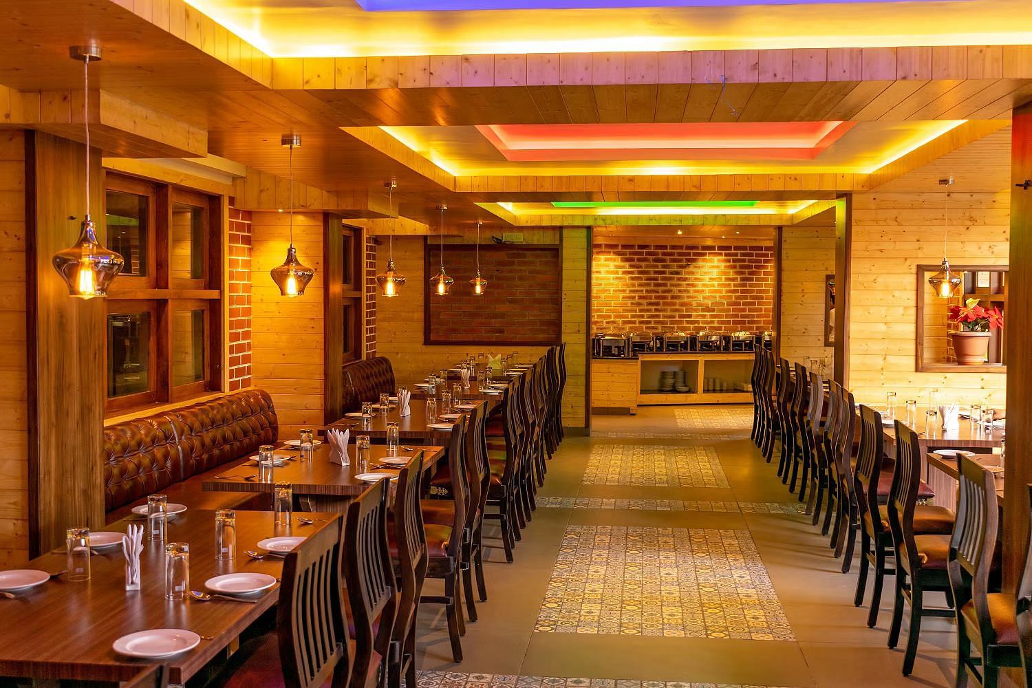 Side view angle of the restaurant with warm lighting at Sumitel, Sanderling.
