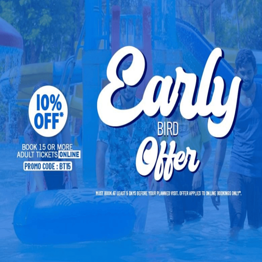 Promotional banner adverstising the Early bird Offer with 10% discount and its booking details for Black Thunder Water Theme Park.