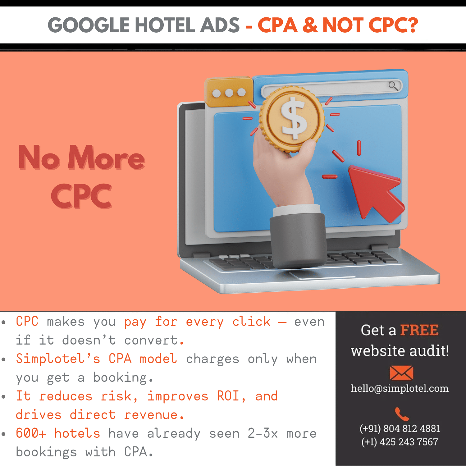 Blog hero banner highlighting a shift from CPC to CPA in Google Hotel Ads, featuring a laptop screen, a hand clicking, and the text 'No More CPC
